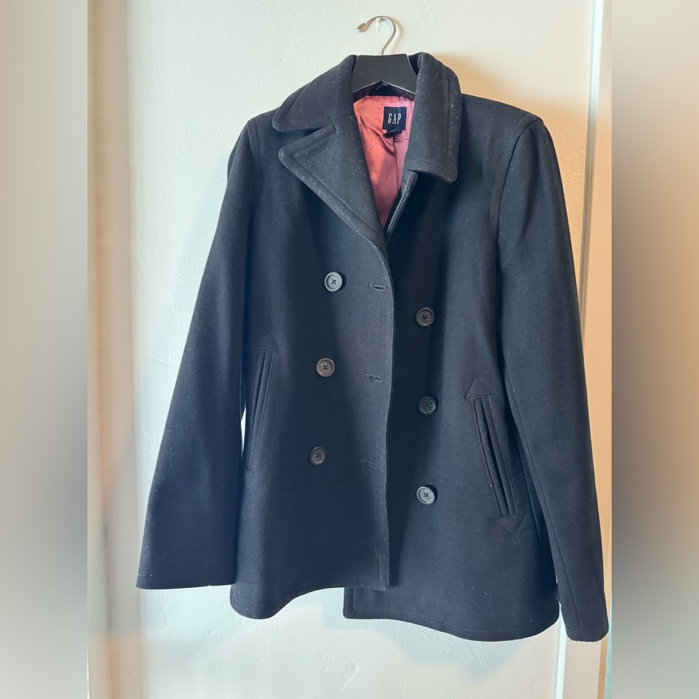 GAP Black Double-Breasted Peacoat with Contrast Lining